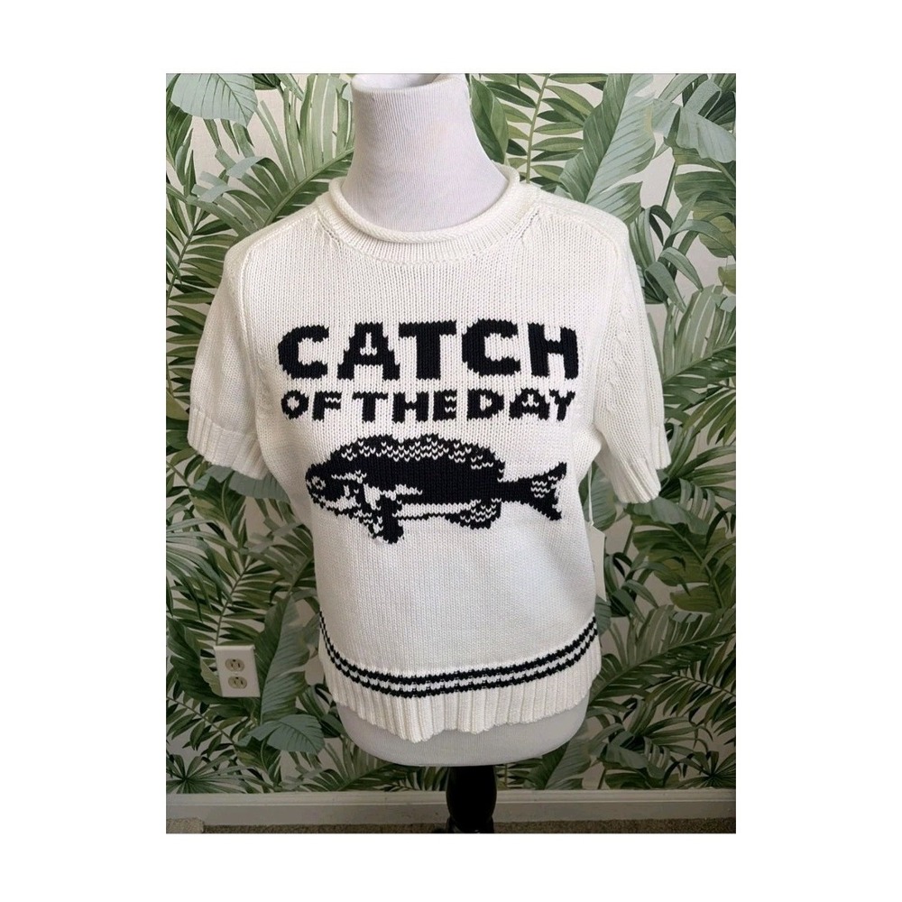 Free Assembly Womens Catch of the Day Fish Short Sleeve Sweater White Medium NWT